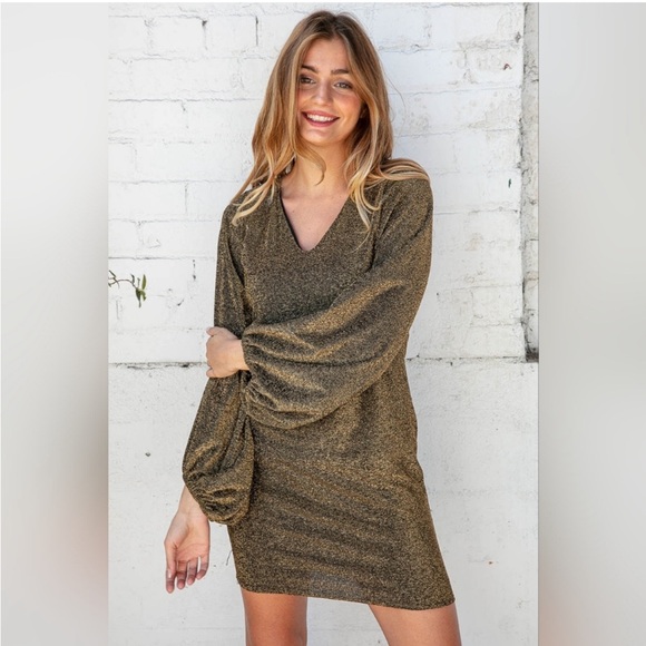 SUGARFOX V Neck Bubble Sleeve Gold Glitter Bodycon Dress size 2x NWOT - Picture 7 of 8